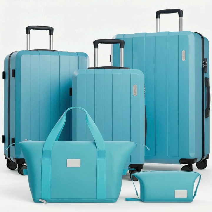 Premium 5-piece hardshell suitcase collection with spinner wheels, perfect for any travel destination.