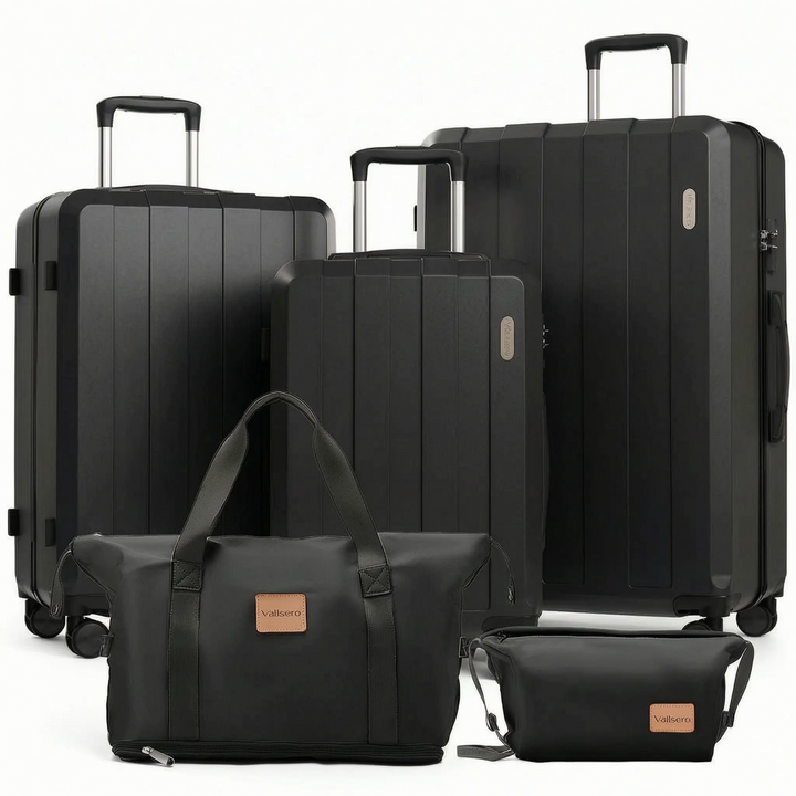 Sleek 5-piece hardshell luggage set, ensuring durable protection & smooth rolling spinner wheels for travel.