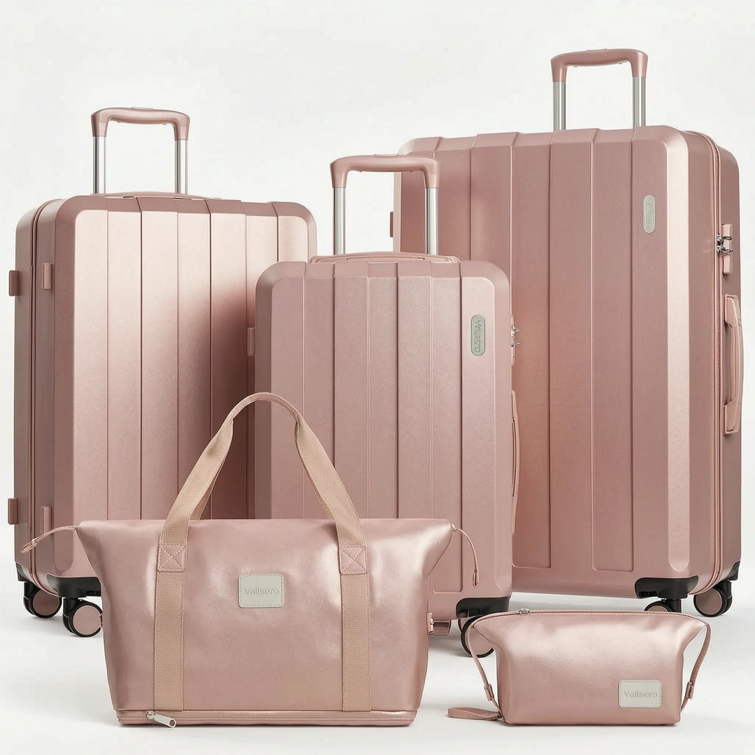 Efficient 5-piece hardshell travel bags with spinner wheels, ideal for vacation and business trips.