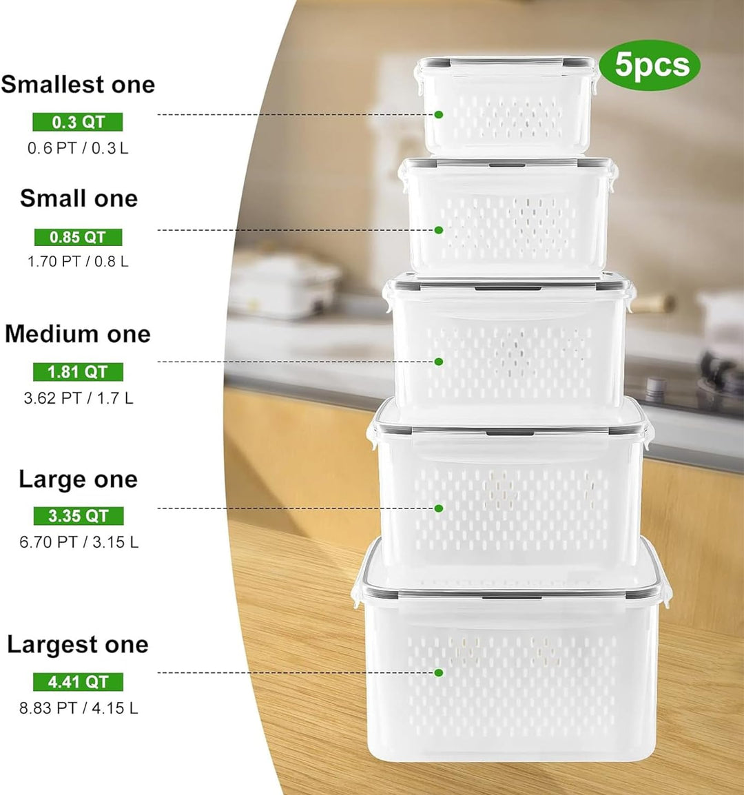 Large food storage set with 5 pieces, FreshKeeper system for meal prep & kitchen organization