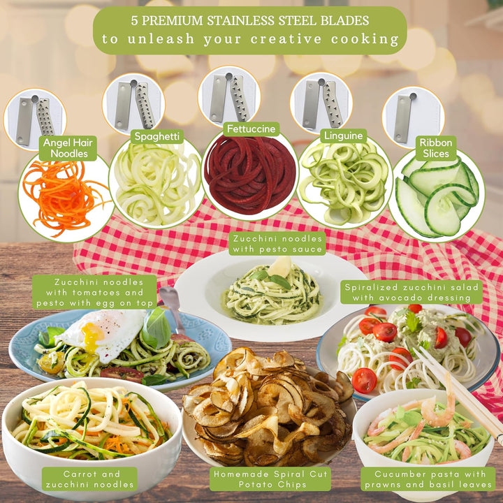 Efficient 5-piece zoodle maker & vegetable slicer. Create perfect veggie noodles for healthy, delicious meals easily.