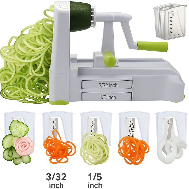 Complete 5-piece vegetable spiralizer & slicer kit, an essential kitchen gadget for quick, healthy meal preparation.
