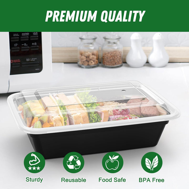Stacked 50-pack reusable meal prep containers for organized kitchen storage & easy healthy meal prepping.