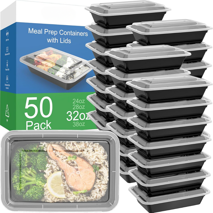 Leakproof & stackable 50-pack meal prep containers for portion control, freezer & microwave safe food storage.