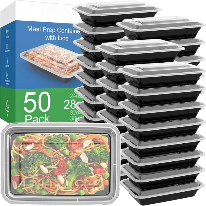 BPA-free plastic reusable food storage containers, 50-pack, for healthy lunches & convenient meal prepping.