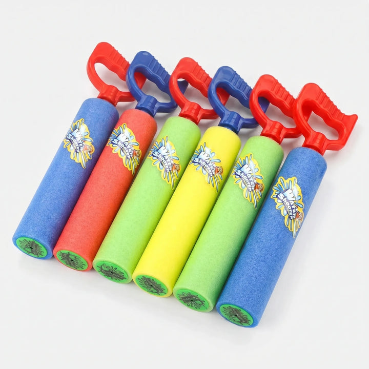 Kids' colorful foam water guns, 6-pack. Ideal for summer beach play, pool parties, and outdoor group fun.