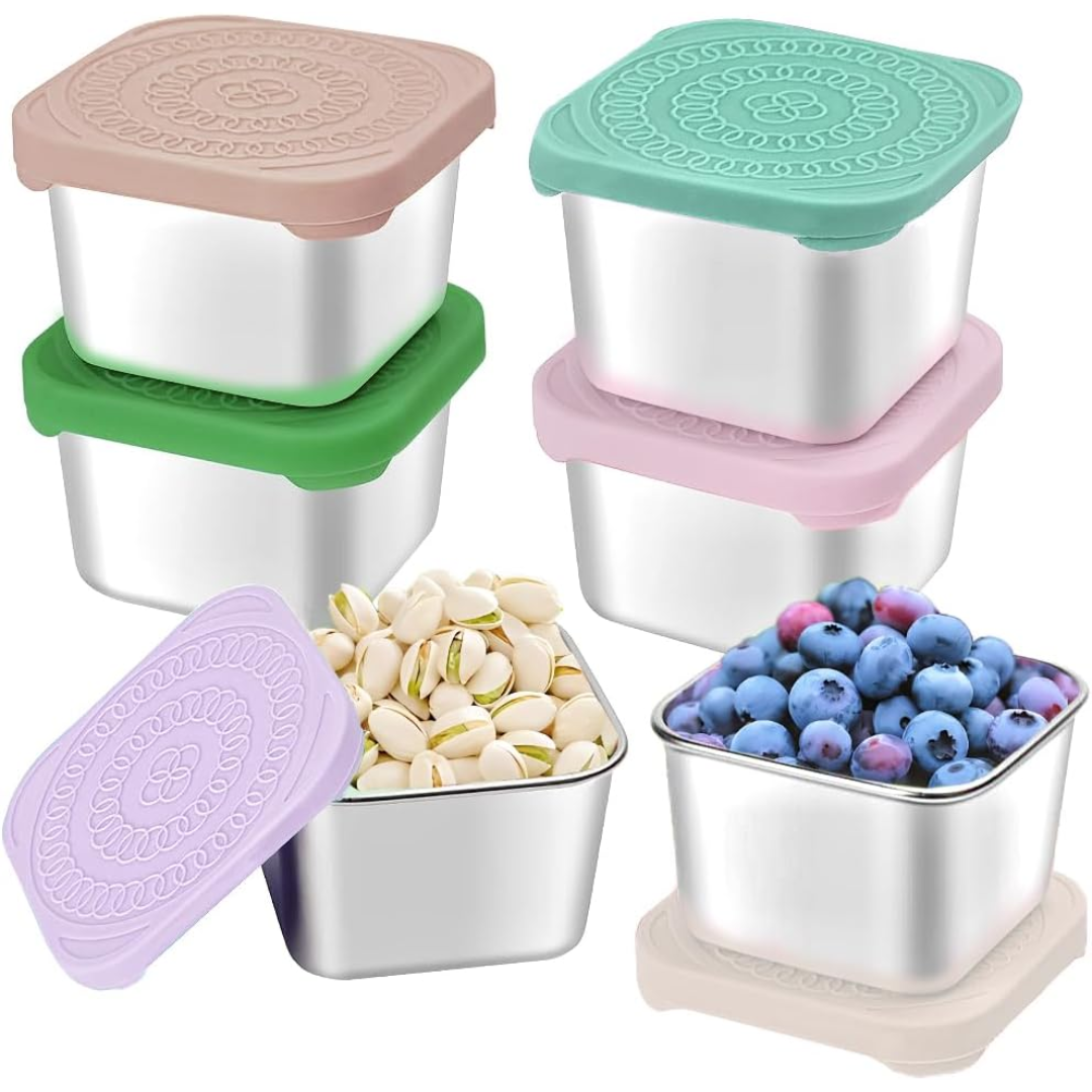 6-pack stainless steel snack boxes for kids, 6 oz, leak-proof & eco-friendly. Ideal for children's lunch & food storage.