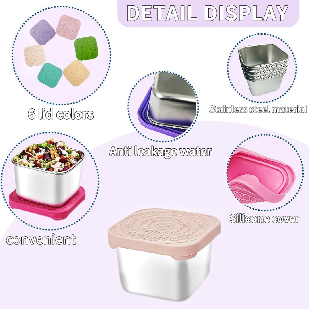 Reusable 6-pack stainless steel snack boxes for kids. Eco-friendly, leak-proof food storage for healthy lunches.