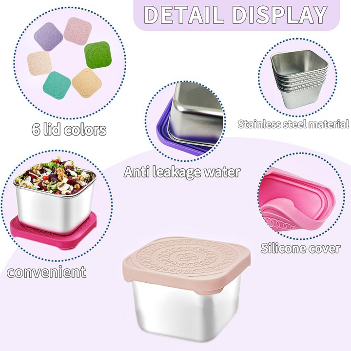 Reusable 6-pack stainless steel snack boxes for kids. Eco-friendly, leak-proof food storage for healthy lunches.