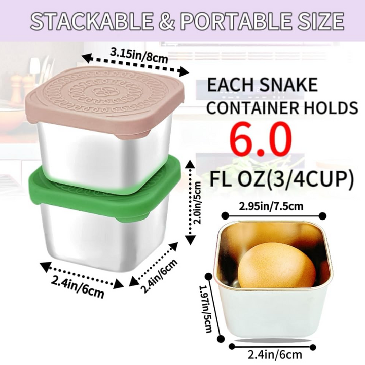 Stackable 6-pack stainless steel snack boxes. Durable, leak-proof food containers for kids' school & travel.