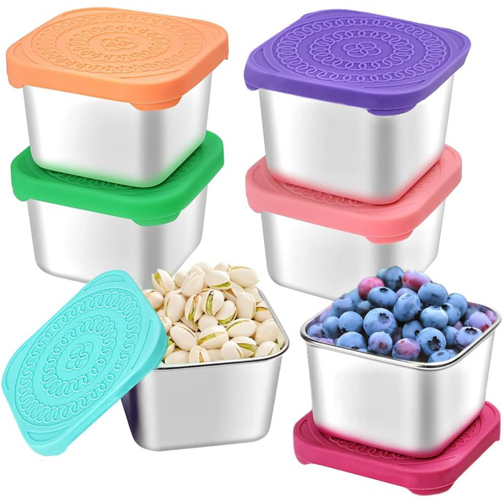 Durable 6-pack stainless steel snack boxes for kids. 6 oz leak-proof lunch containers, ideal for meal prep.