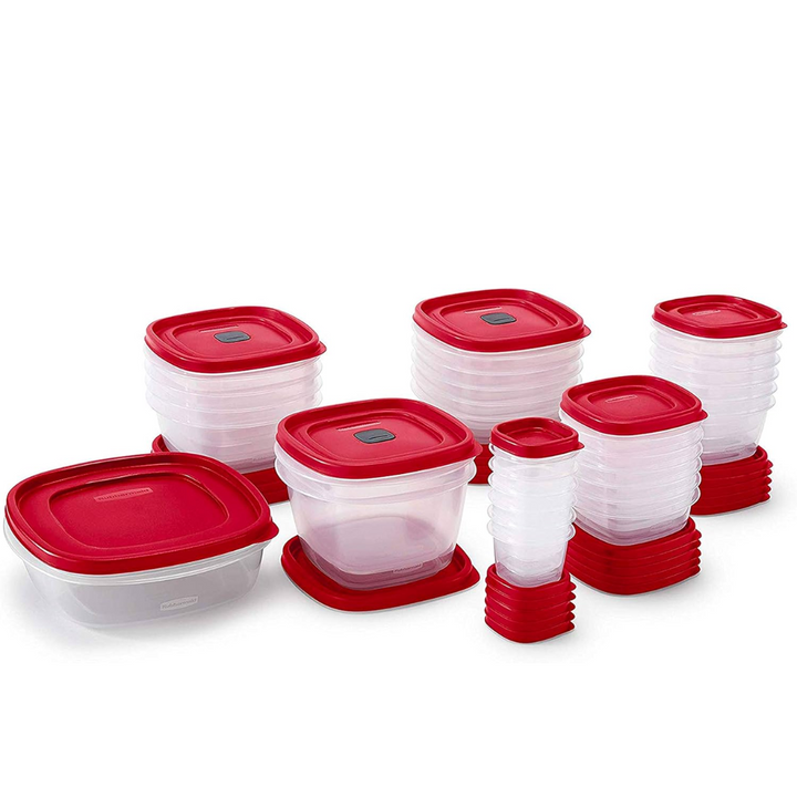 Stackable 60-piece plastic food containers for efficient kitchen storage & pantry organization. Ideal for meal prep.