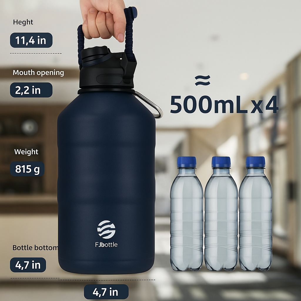 Rugged 1.9 L insulated water bottle, perfect for outdoor activities & sports, with a leak-proof magnetic lid.