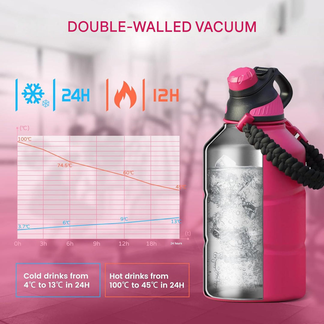 64 oz insulated water bottle, highly portable and leak-proof, featuring an innovative magnetic lid for ease.