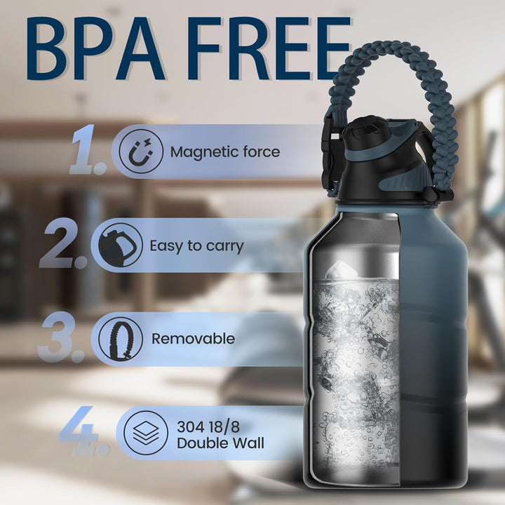Hydrate on the go with this large 1.9 L leak-proof water bottle, featuring a convenient magnetic cap.