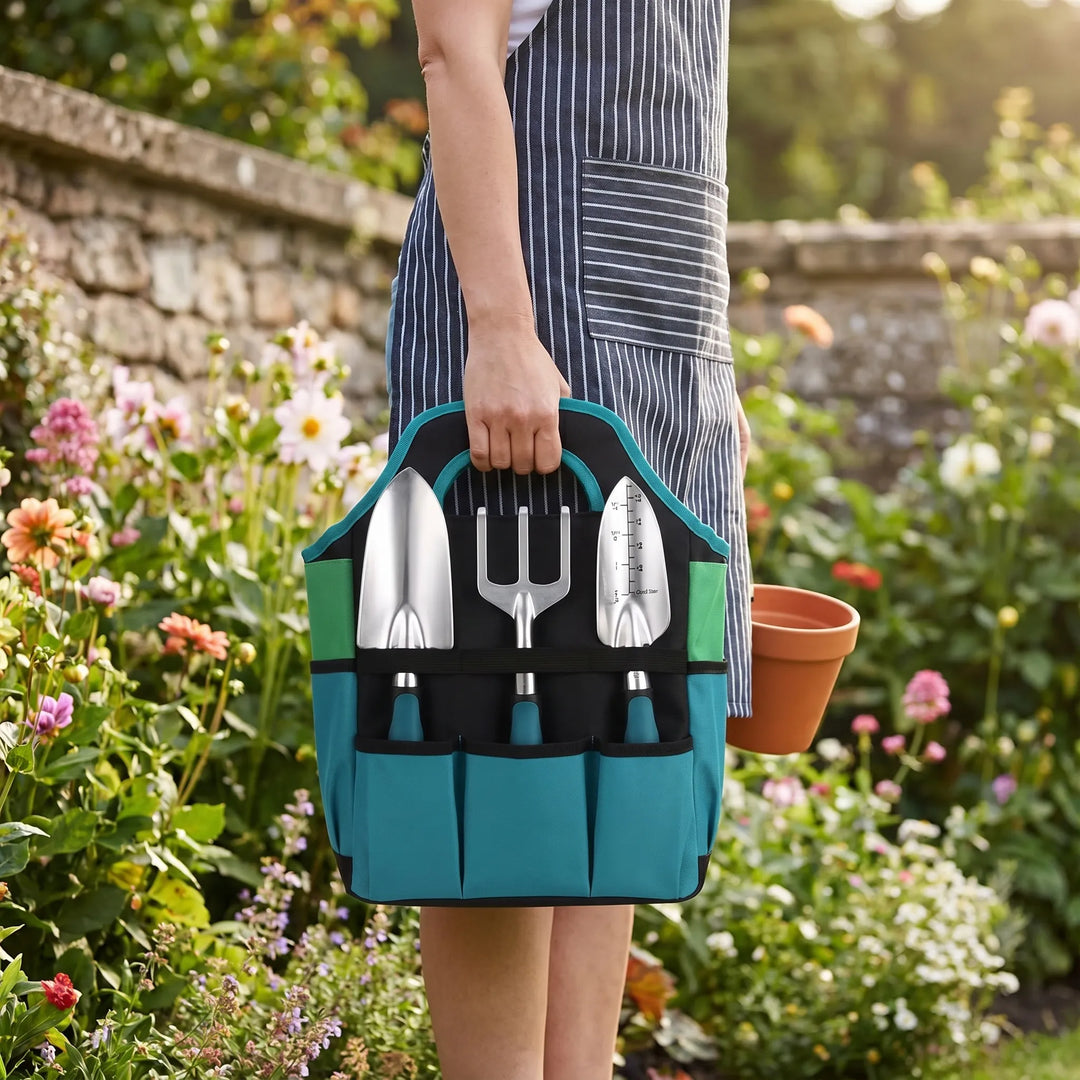 7-piece gardening tool set with trowel, pruner & cultivator for indoor & outdoor plant care.