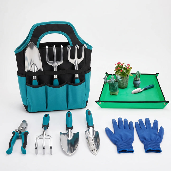 Versatile 7-piece garden tool kit, perfect for indoor plant care, outdoor gardening & landscaping.