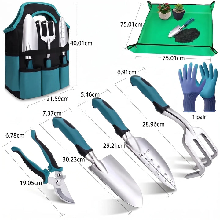 Essential 7-piece hand tool set for gardeners, including trowel, weeder, and pruner, for plant maintenance.