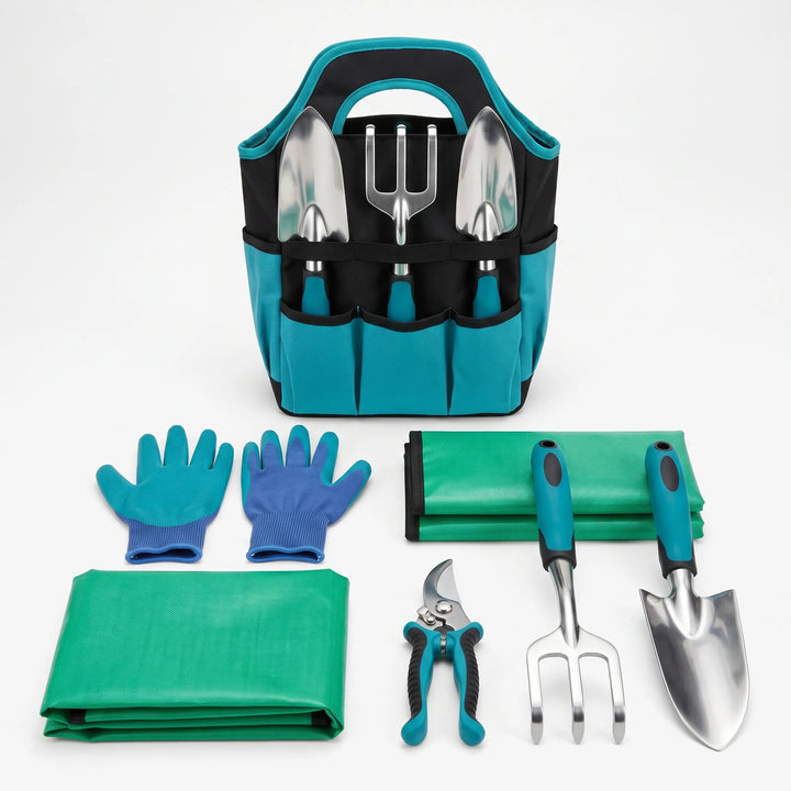 Compact 7-piece gardening tool set, ideal for small gardens, patio plants & indoor herb growing.