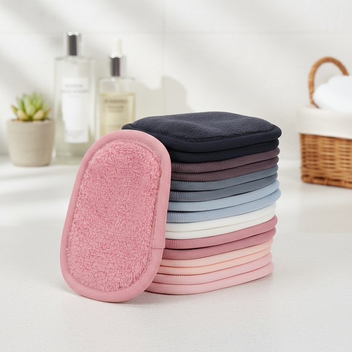 7 white reusable facial cleansing pads with a drawstring mesh wash bag, eco-friendly makeup remover set