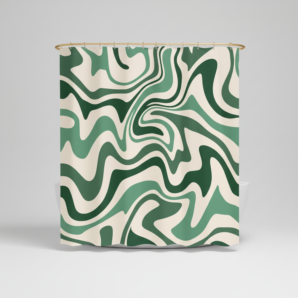 Boho-Wave shower curtain with a 70s spiral pattern, perfect for vintage decor