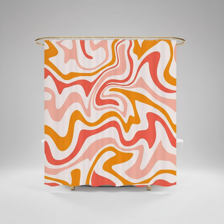 Retro decor shower curtain, 70s inspired Boho-Wave spiral design