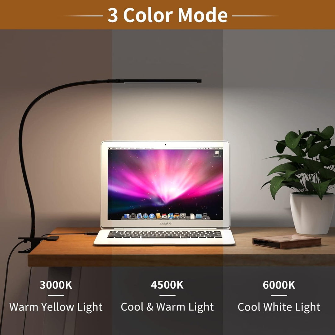 Close-up of 77 LED desk clamp lamp head, highlighting eye care lighting and flexible gooseneck