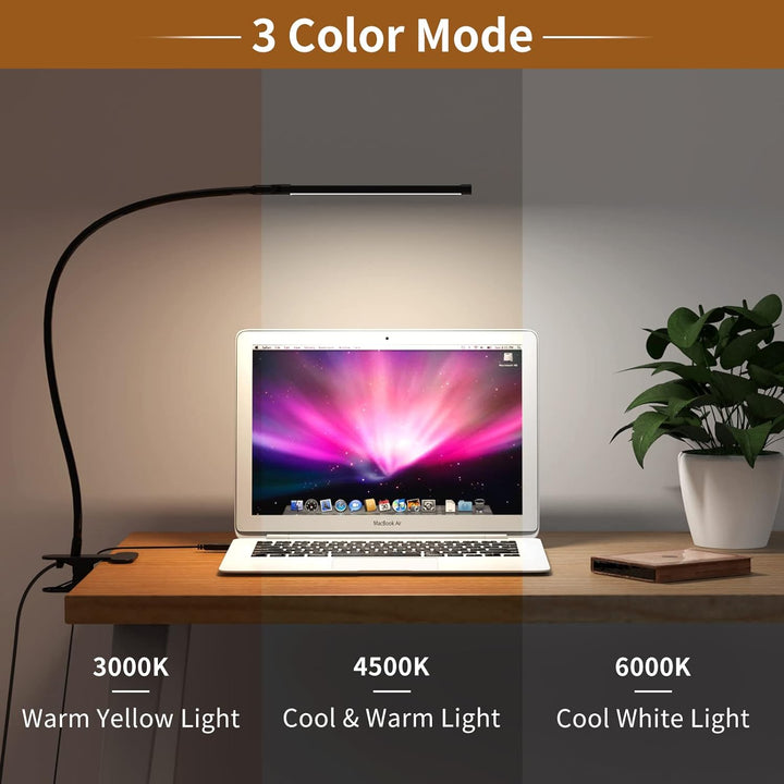 Close-up of 77 LED desk clamp lamp head, highlighting eye care lighting and flexible gooseneck