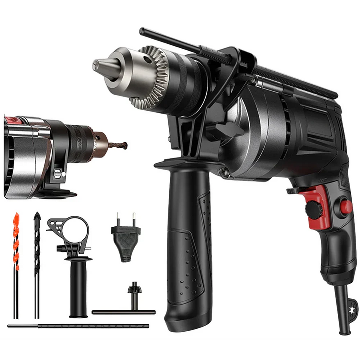 Close-up of DrillForce 780W Electric Hammer Drill with variable speed control dial and robust chuck