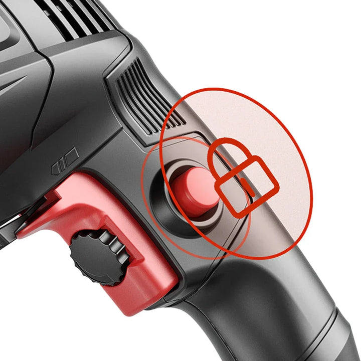 Side profile of the 780W Electric Hammer Drill, highlighting its durable casing and balanced design