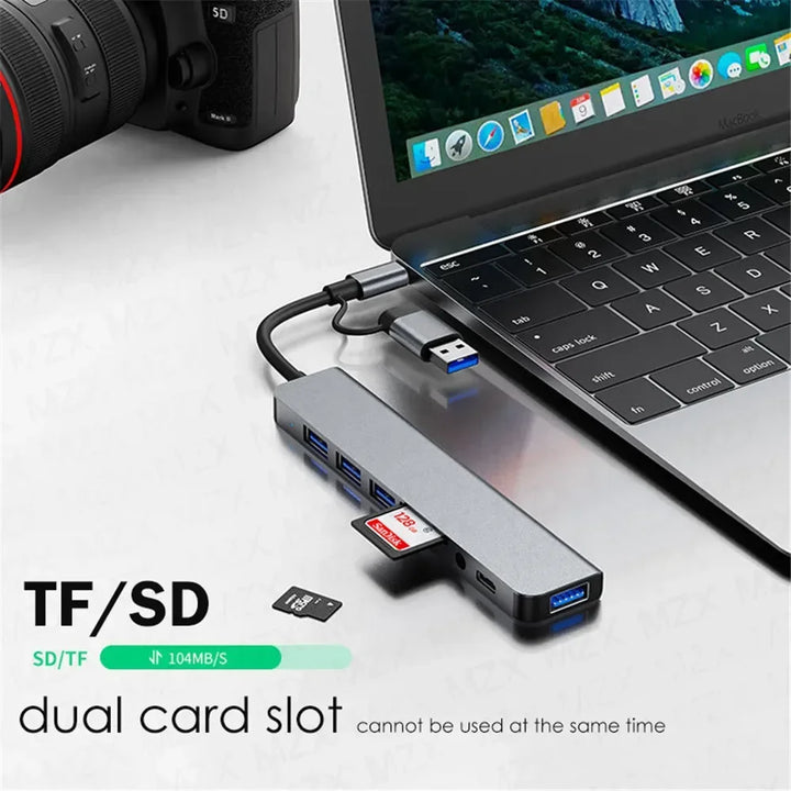 Black 8-in-1 USB-C Hub, showcasing various ports for enhanced laptop connectivity.