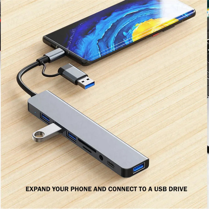 Nexora USB-C hub with HDMI, USB-A, SD card reader, and power delivery ports.