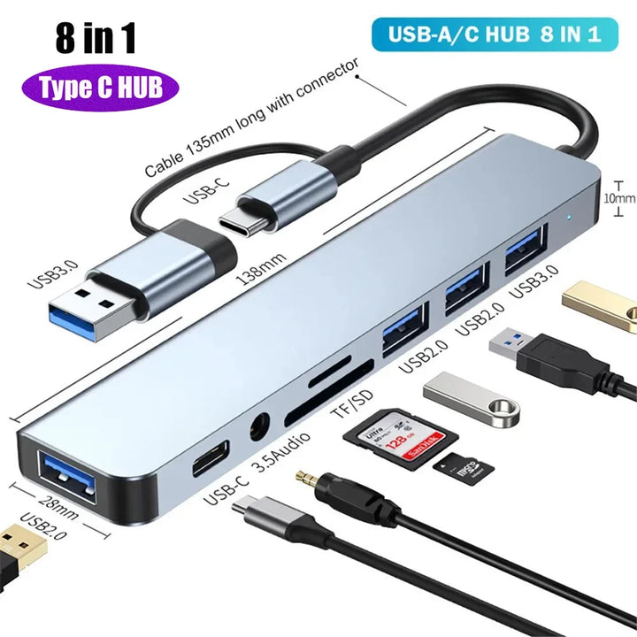 Portable 8-in-1 USB-C laptop dock, perfect for expanding device connectivity on-the-go.