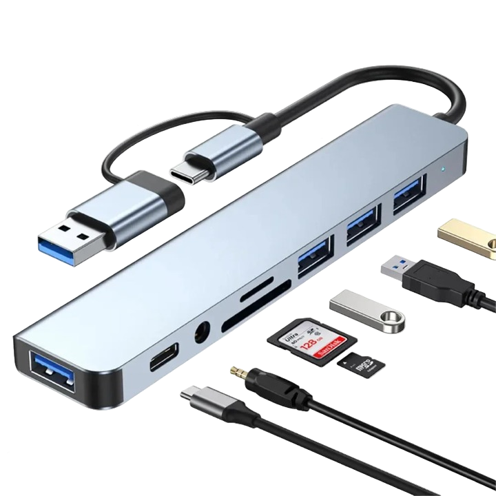 High-speed 8-in-1 USB-C hub, featuring card reader and audio adapter for versatile use.