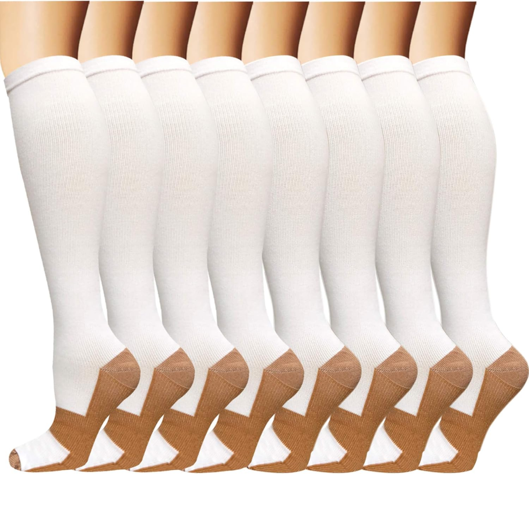 Display of all 8 pairs of copper compression socks, highlighting their consistent quality and design