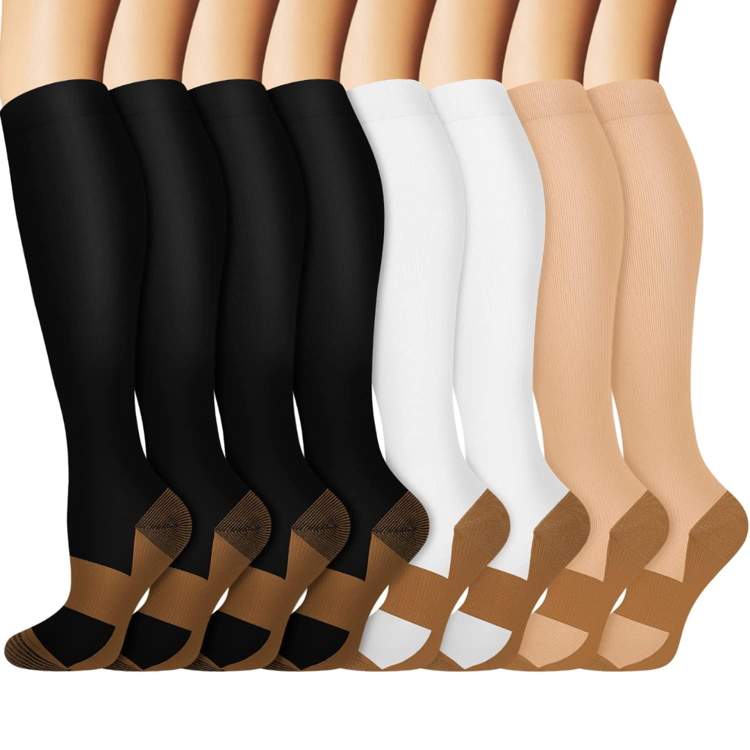 Unisex graduated copper compression socks in an 8-pair pack, ideal for sports and travel