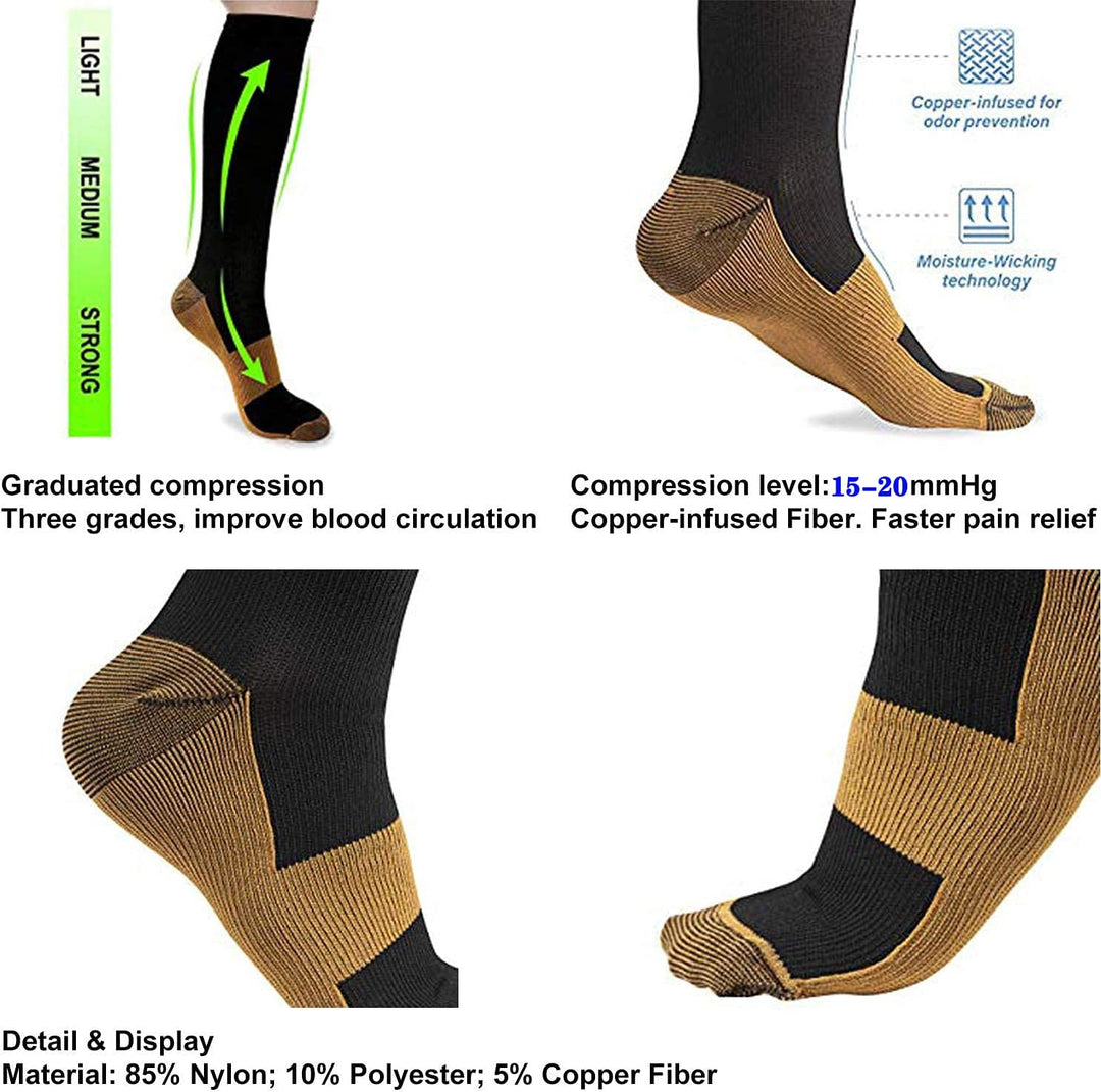 Full-length view of a pair of copper compression socks, demonstrating their graduated compression design