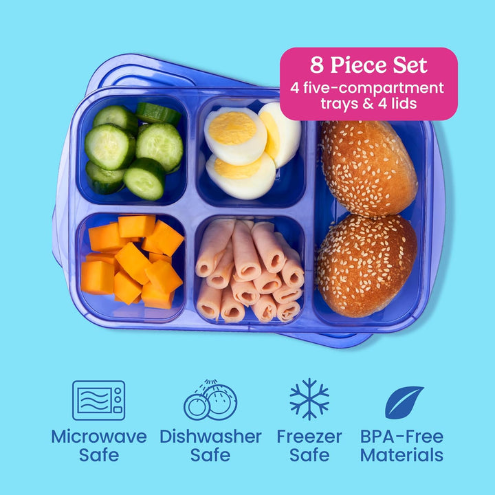 Eco-friendly reusable 5-compartment food containers, 8-piece set for sustainable meal prep & storage.