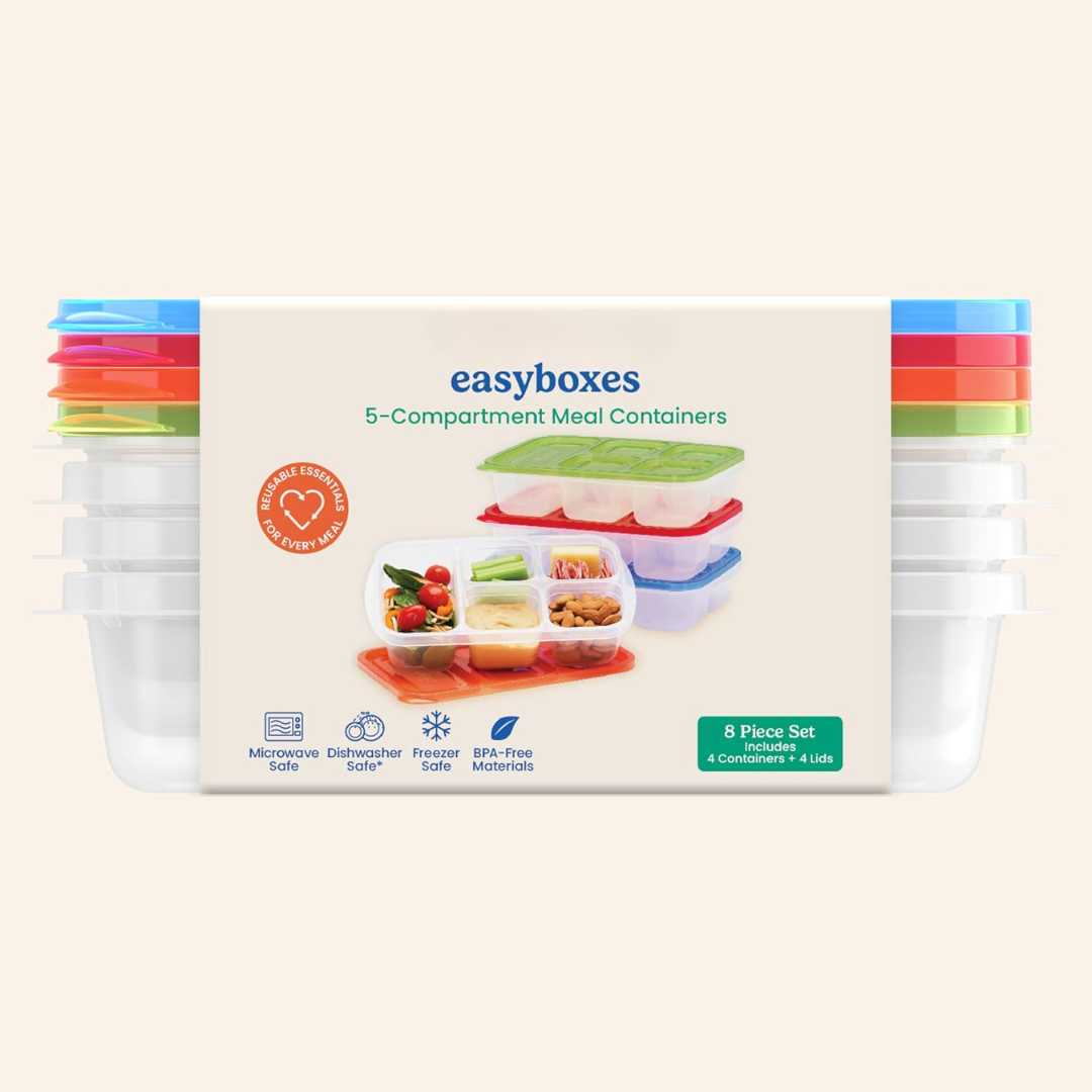 Stackable 5-compartment meal prep containers, 8-piece set for organized food storage & portion control.