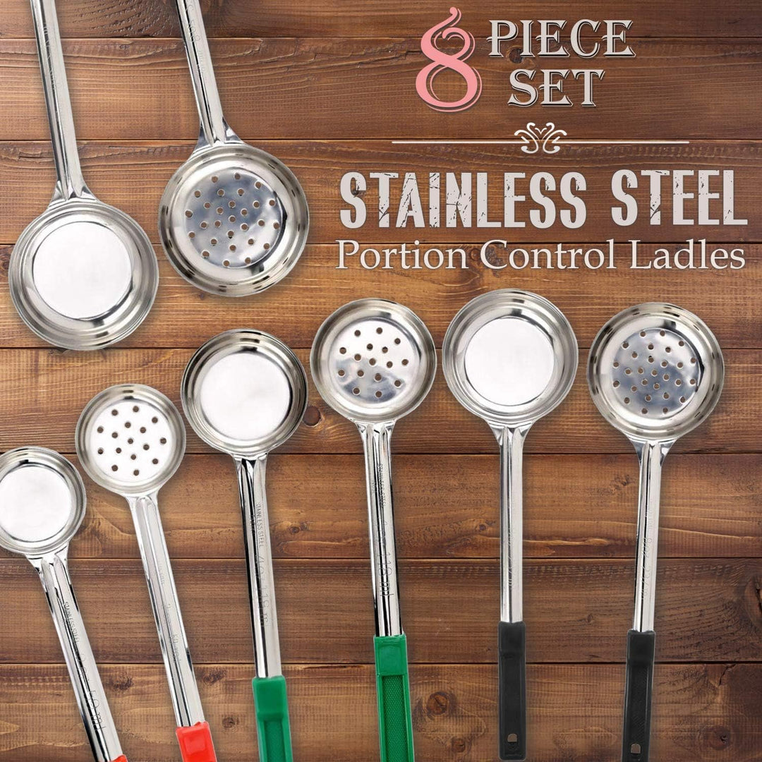 Complete 8-piece portion control measuring spoon set, essential kitchen utensils for accurate serving.