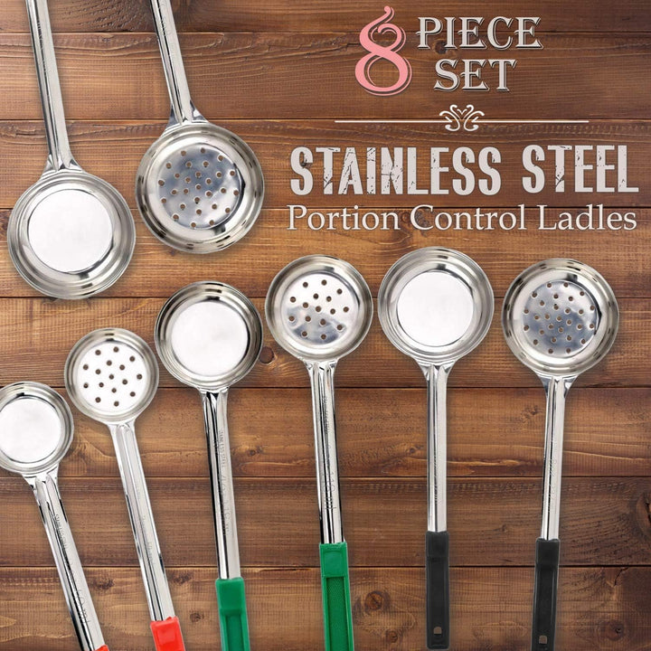 Complete 8-piece portion control measuring spoon set, essential kitchen utensils for accurate serving.