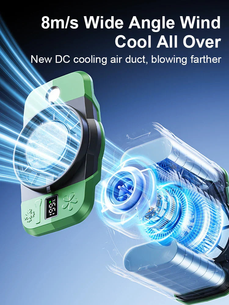 Portable 8000mAh fan with refrigeration, attaches to waist for convenient personal cooling