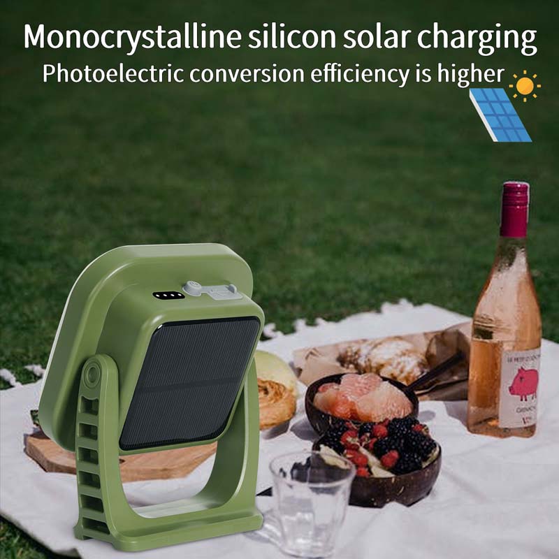 Portable 80W LED camping light with zoom function, magnetic base, and solar charging capability