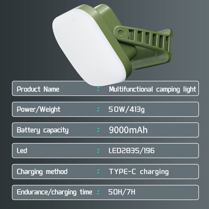 Bright white 80W LED camping light with magnetic base, solar panel, and zoom control