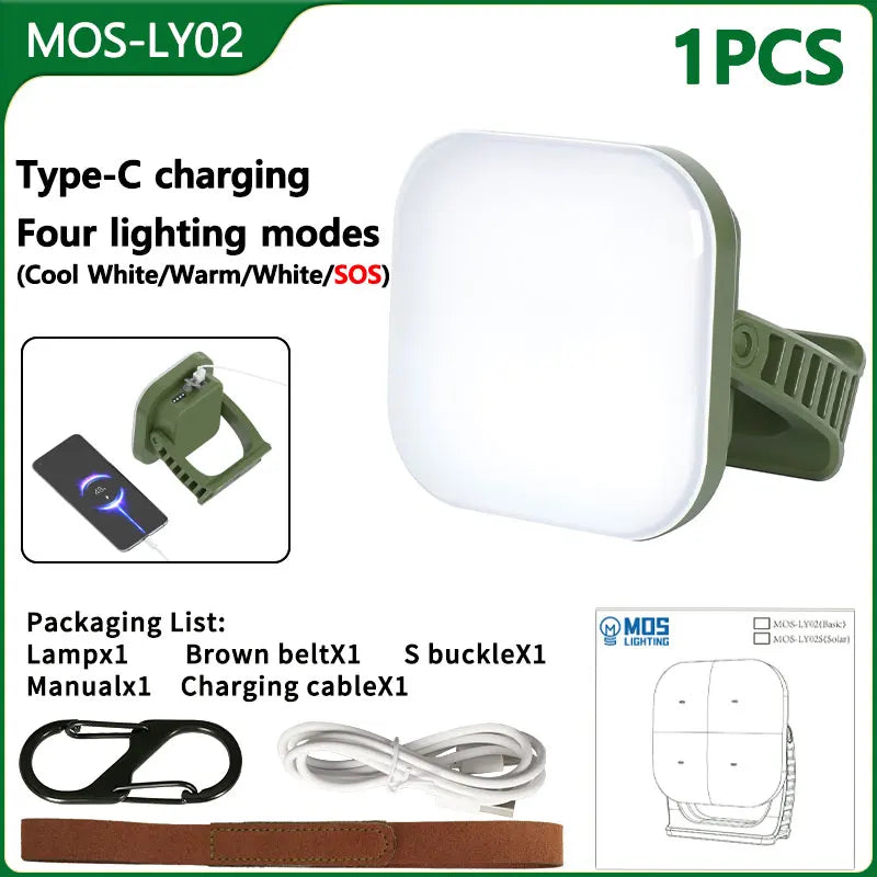 All-weather 80W LED camping lantern, solar/USB charged, magnetic, with adjustable focus