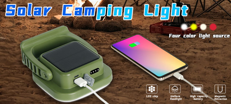 Essential camping gear: 80W LED lantern with solar charging, zoom, and magnetic attachment