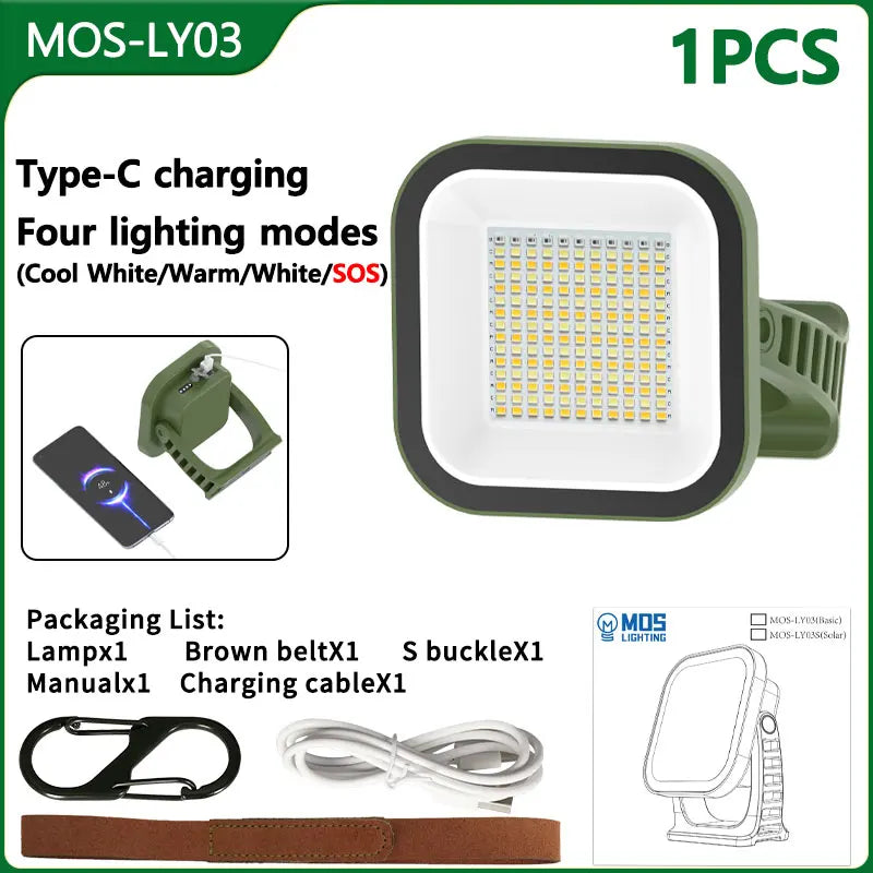 Hands-free 80W LED camping light with magnetic base, solar power, and versatile zoom function