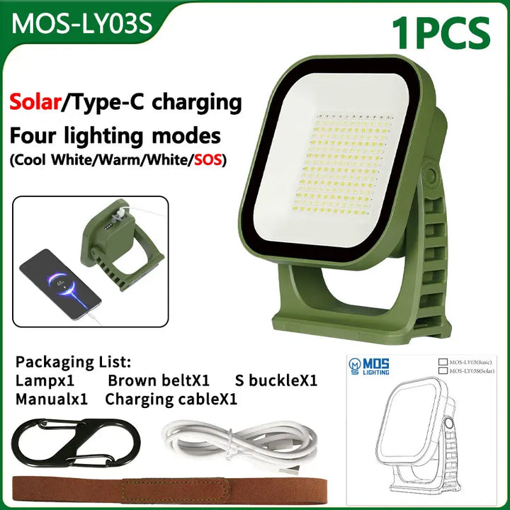 Energy-efficient 80W LED camping lamp, solar and USB, with magnetic mount and zoom focus