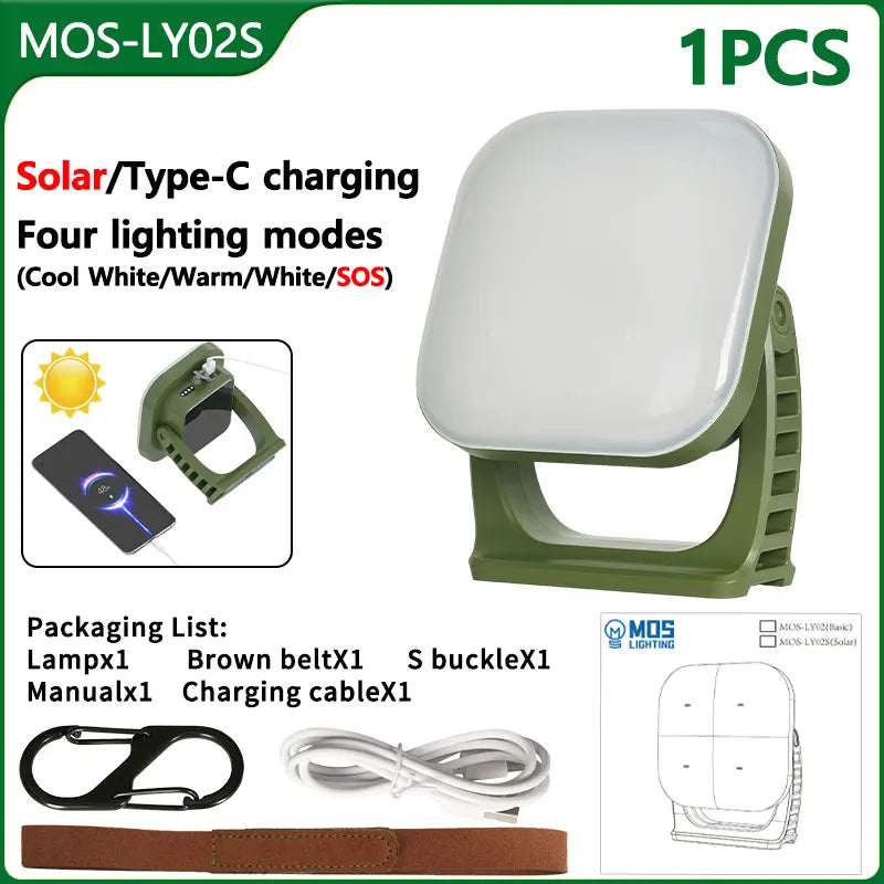 High-performance 80W LED camping light with magnetic base, solar recharge, and zoomable beam