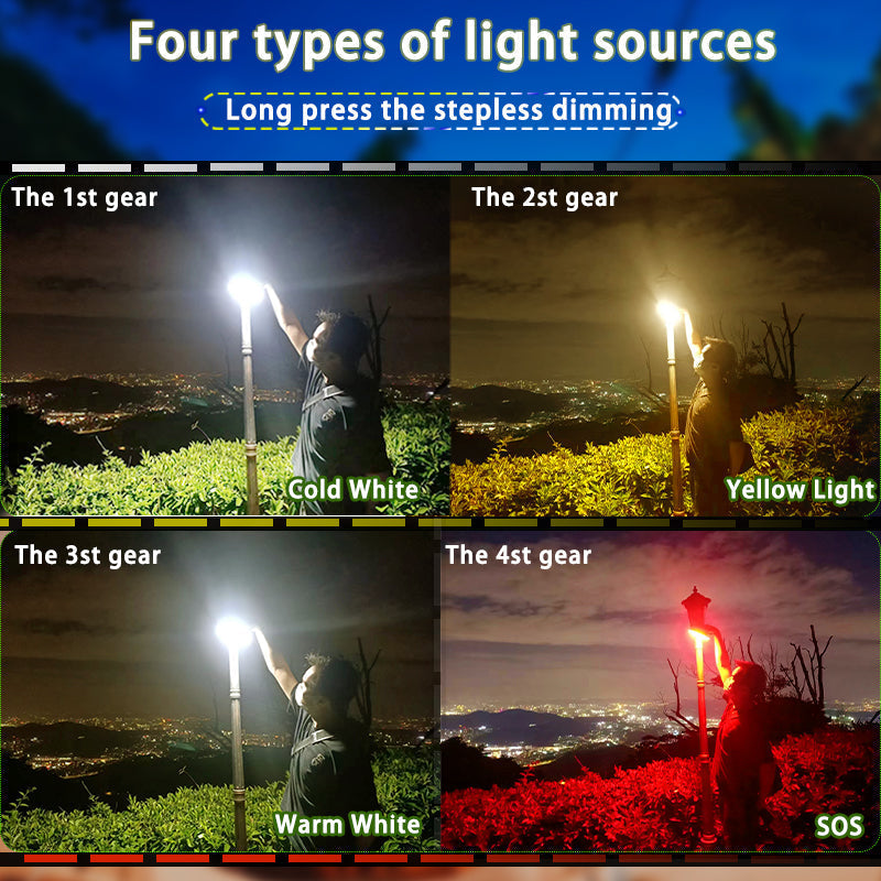 Magnetic camping lamp, 80W LED, solar rechargeable, with adjustable zoom for focused light